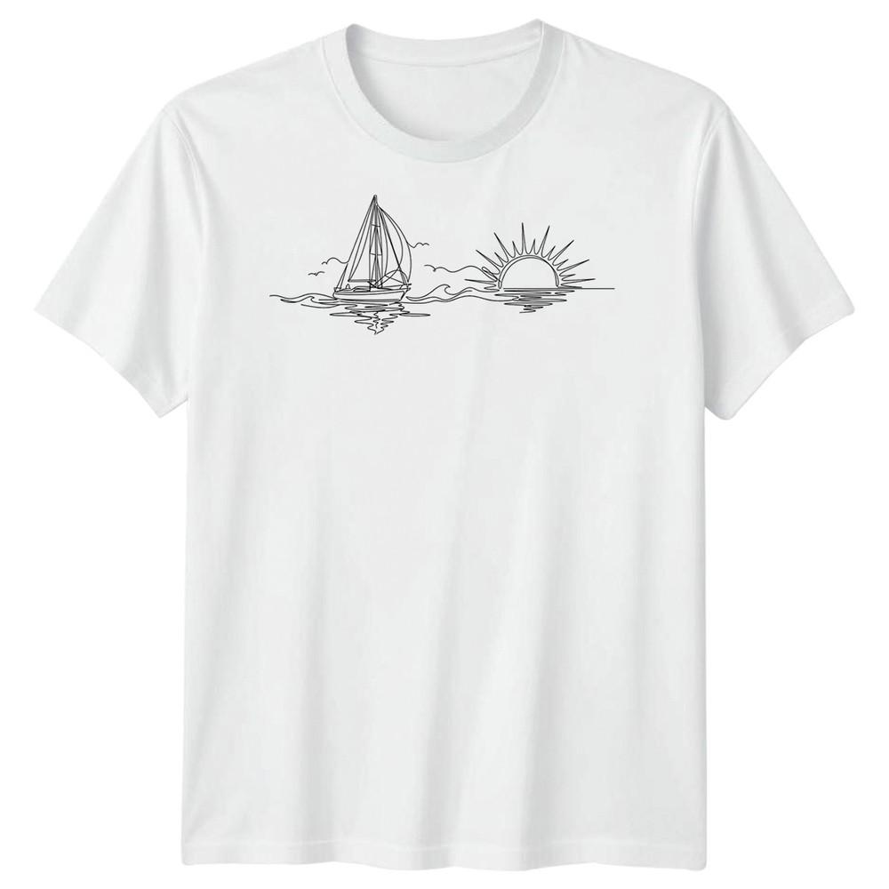 Segelboot Sonnenuntergang Segeln Reise Unisex T-Shirt Ozean Linienkunst