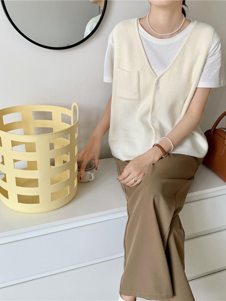 Korean Version Solid Pocket Knitted Vest Cardigan Women's Autumn Winter New Loose Fashion V-neck Sleeveless Sweater Vest