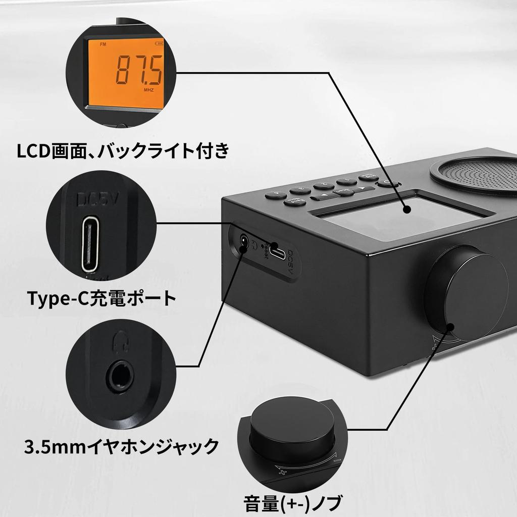 WOVTE Portable Radio, Small FM/AM/SW, USB-C Rechargeable, LCD Screen, Clock/Preset Function