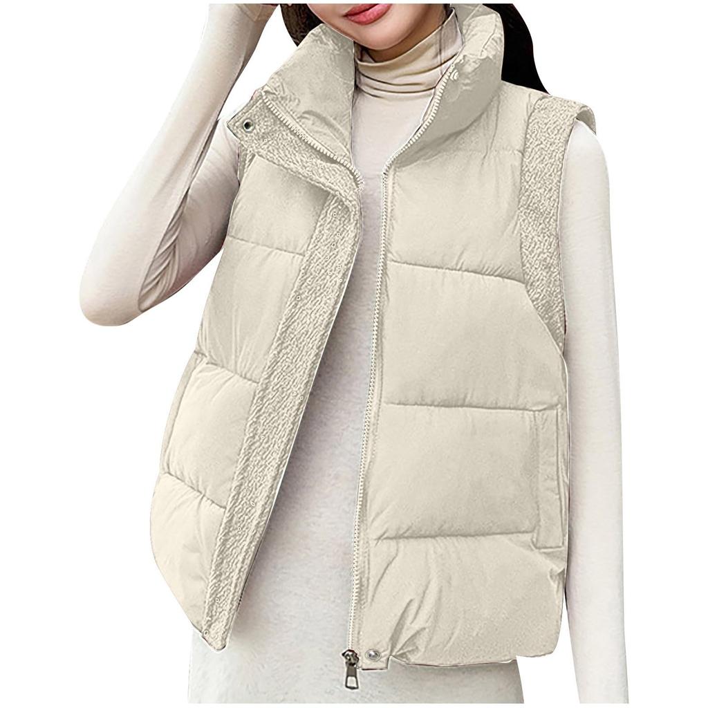 Women's Fashion Casual Puffy Down Jacket With Knitted Sleeves - Solid Color Vest Coat