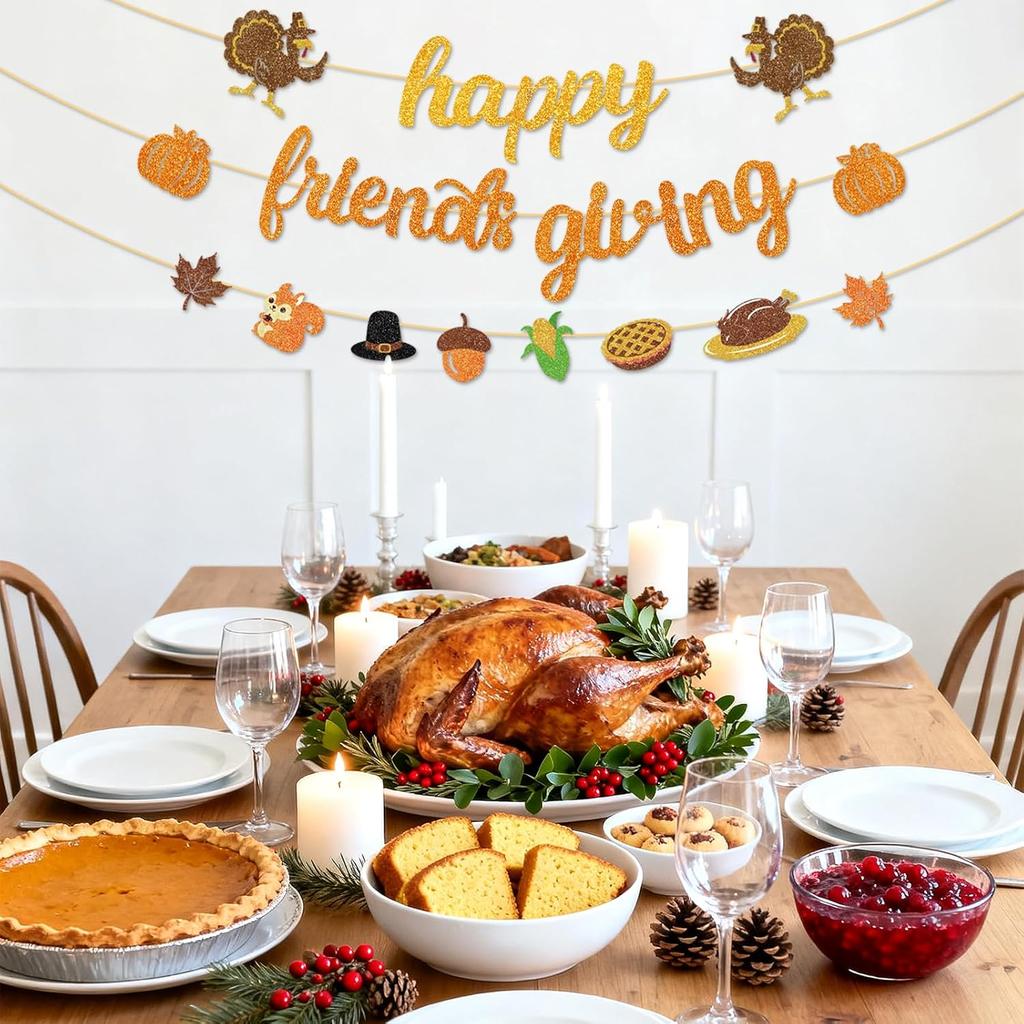 Happy Friendsgiving Banner Thanksgiving Party Decorations Glitter Friends Giving Garland Plastic Pre Strung Streamers Turkey Pumpkin Fall Leaves Sign