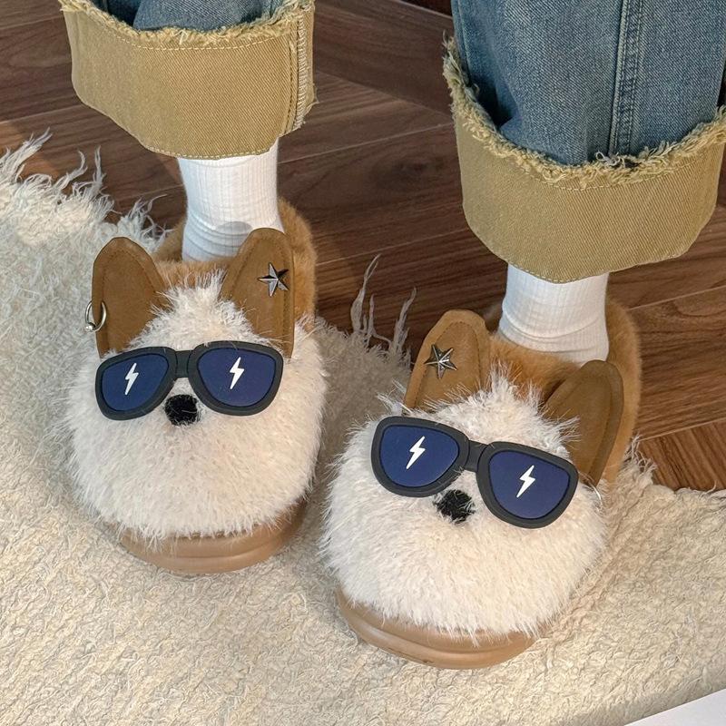 Cartoon cotton slippers winter couple cute puppy velvet warm indoor home soft bottom fluffy slippers winter