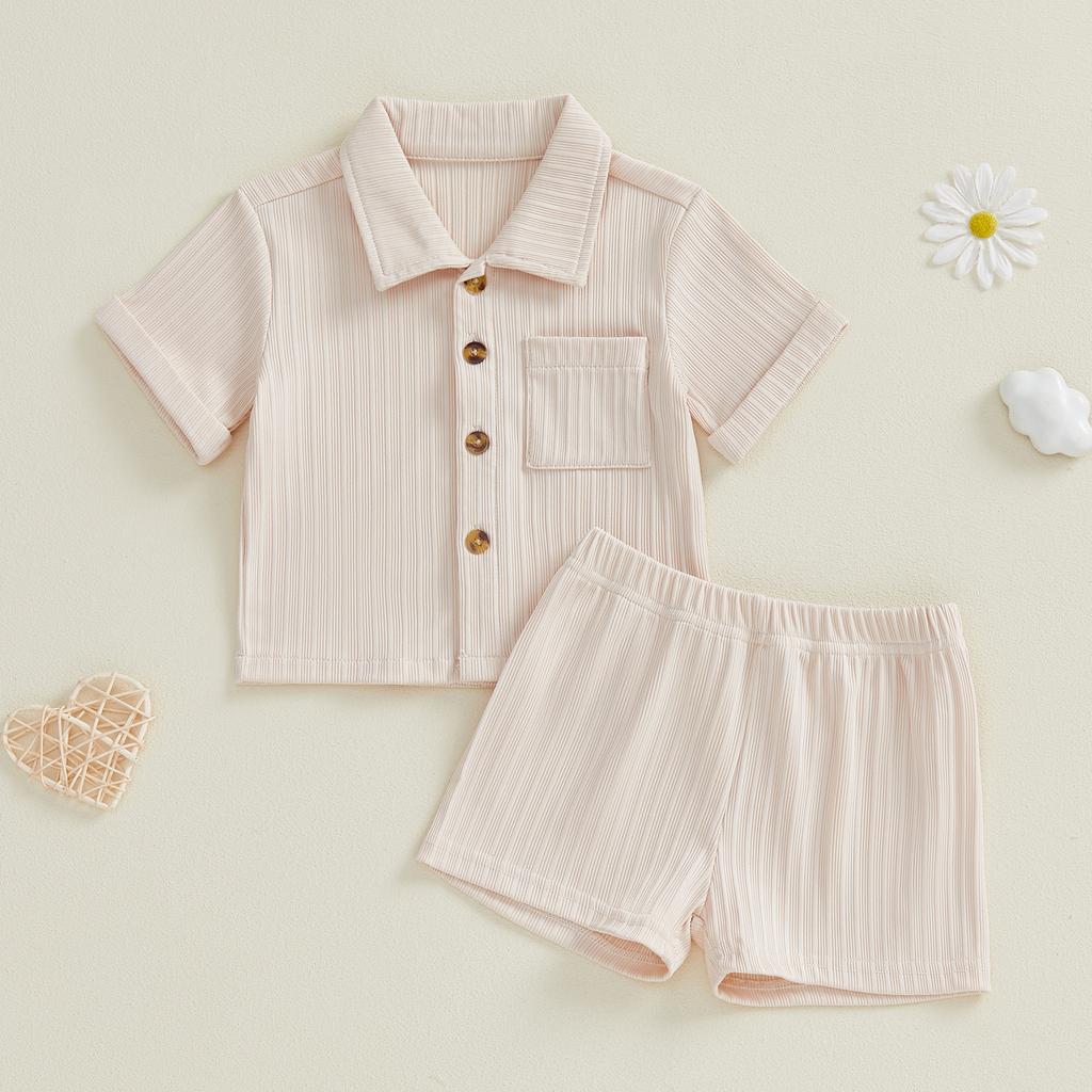 Casual Toddler Baby Boys 2 Piece Outfits Summer Short Sleeve Turn Down Collar Solid Color Tops and Shorts Set