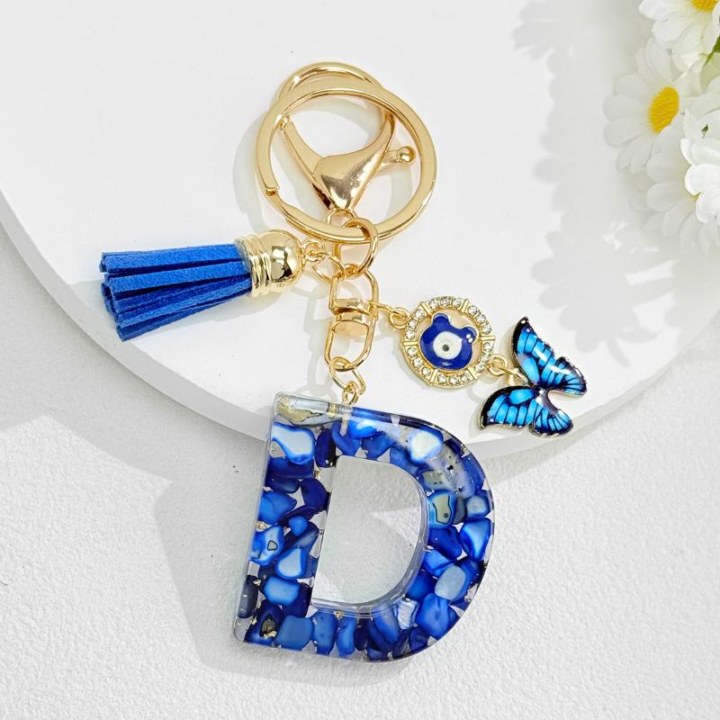 Fashion Blue Glazed Stone A To Z Letter Keychain 26 Initials Alphabet Butterfly Tassel Pendant Car Keyring Women Jewelry Gifts