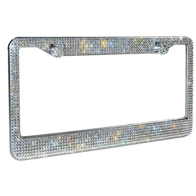 1 Pcs Bling Rhinestone Car License Number Plate Frame Crystal Diamond Stainless Steel Meatal License Plate Holder Black/ Whit