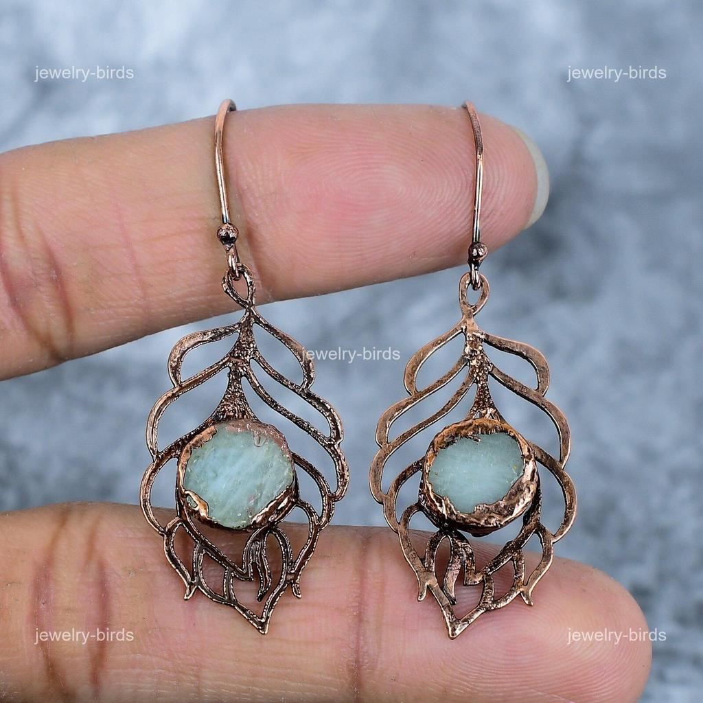 Crown Chakra Moonstone Gemstone Copper Electroformed Dangling Wedding Earrings VP-90