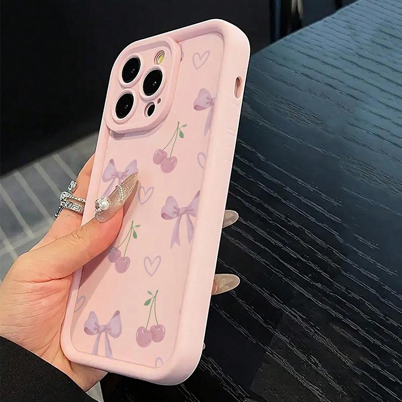 Girly Pink Cherry Bow Pattern Anti-Fall Anti-Slip Phone Case For iPhone 17 16 Pro Max 15 14 13 12 11 XS X XR 7 8 Plus 16e Cover