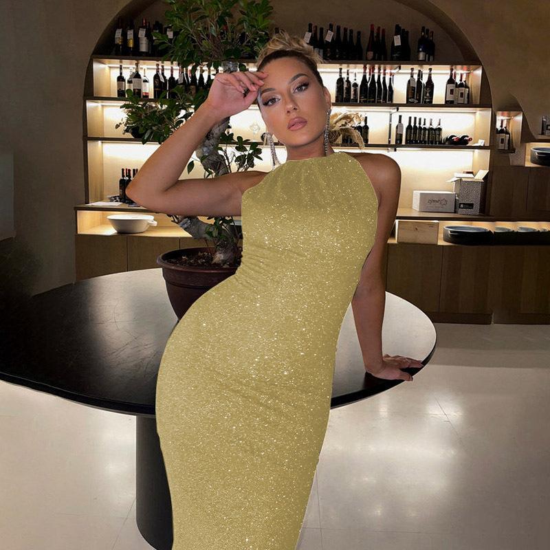 Damen Herbst Ärmelloses Schlitz Langes Kleid - Sexy Neckholder Bodycon Abendkleid mit Taillierung für Büro oder Party
