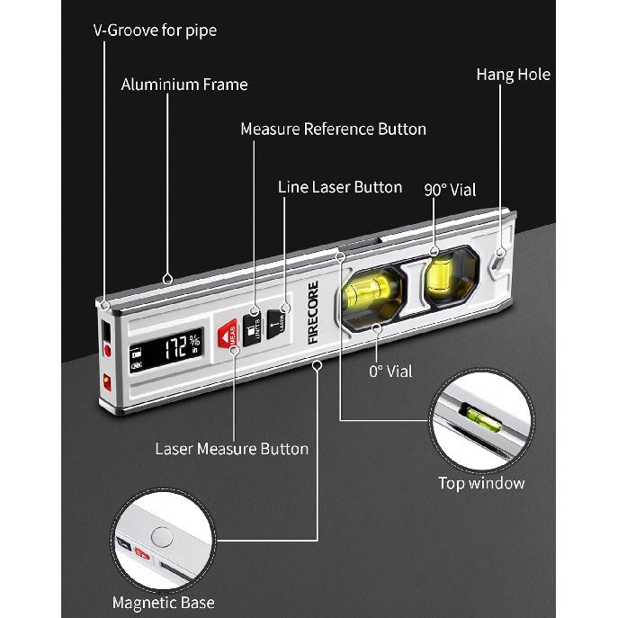3-In-1 Spirit Level with 65ft Laser Distance Measure & 32ft Leveling Line, Firecore 9 Inch Torpedo Level Magnetic with Light, Rechargeable Small