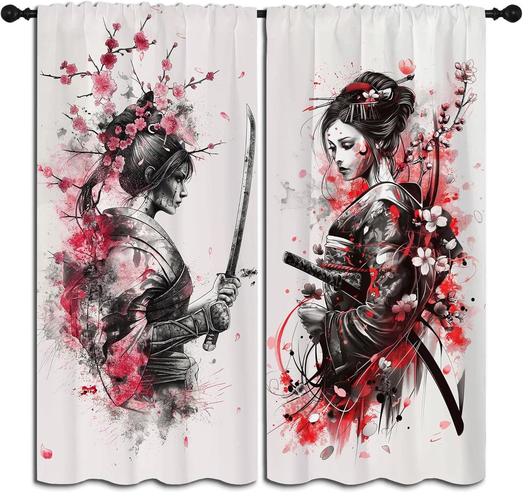 Modern Anime Curtains Boys Girl Bedroom Decor Japanese Cherry Blossom Female Samurai Thermal Insulated Curtain Blackout For Sleeping Area Polyester