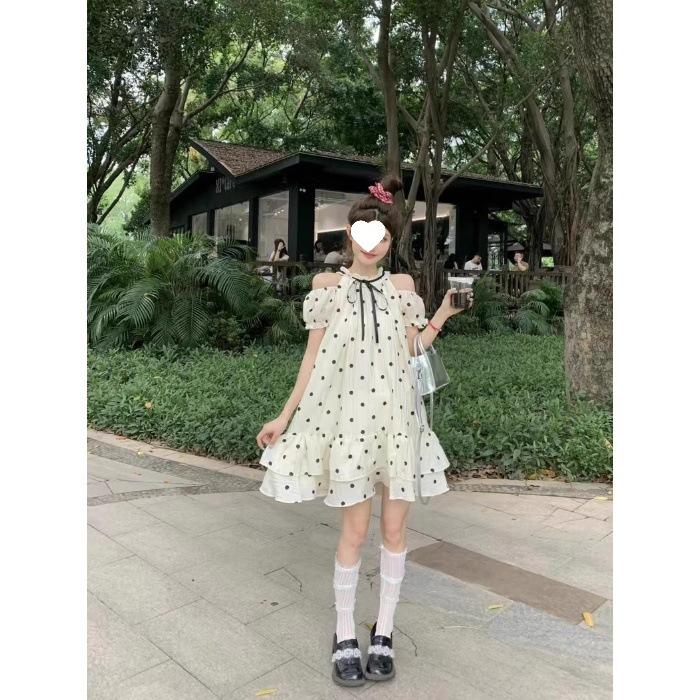 French Sweet Off-the-shoulder Polka Dot Dress Women's Summer New Small Temperament Fluffy Short Skirt Doll Skirt