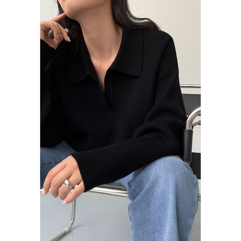 

Polo Black Korean Style Loose Knitted Pullover Sweater Black S