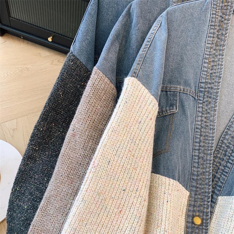 Cardigan Coat Supradimensionat Gros de Damă, Tricotat Vintage cu Patchwork din Denim, pentru Toamnă și Iarnă