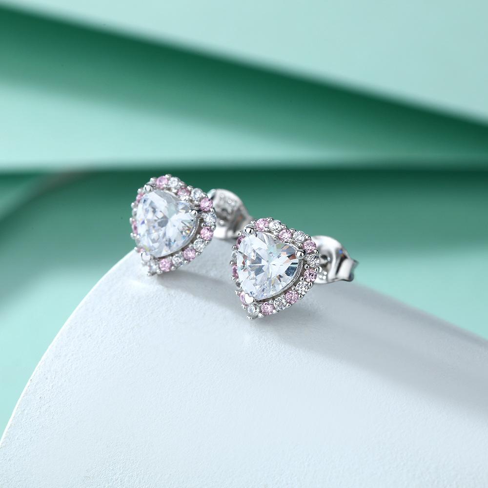 Pink Diamond Zircon Heart Stud Earrings Women'S High Sense Exquisite Love Earrings Wind Earrings