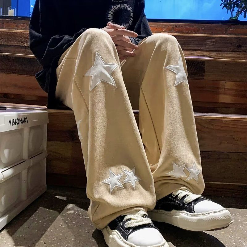 

Ретро Уличная Звезда Тренд Vbie Осень Зима Мужская Коллекция Дизайнерские Прямые Свободного Кроя Универсальные Повседневные Длинные Брюки 8XL абрикосовый