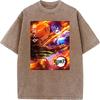 Demon Slayer Tanjirou Akaza Printed Tshirt Men Washed Cotton T-shirts Oversized Streetwear Manga Vintage Tee Harajuku Male Tops