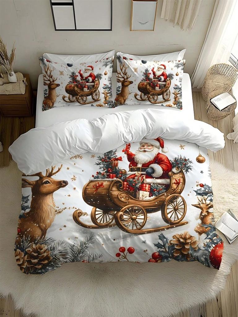 2/3ks Vánoční stromek Dárek Vzor sněhové vločky Sob Santa Claus Měkká sada povlaku na peřinu Vhodná do ložnice, pokoje pro hosty