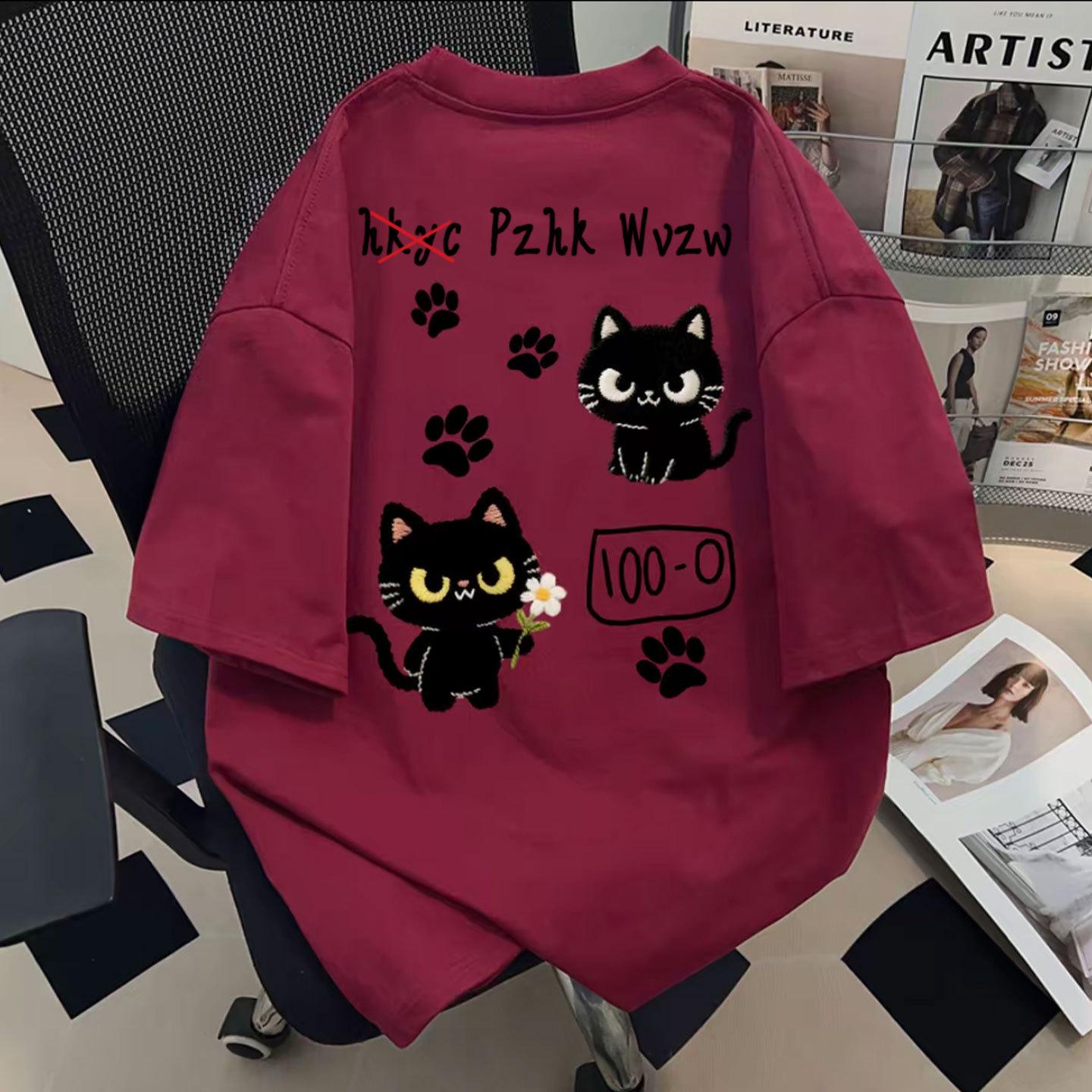 

Creative Cartoon Black Cat Print Cotton Unisex T-Shirt - Half Sleeve Summer Top XXL (65kg-70kg) вина червоного кольору
