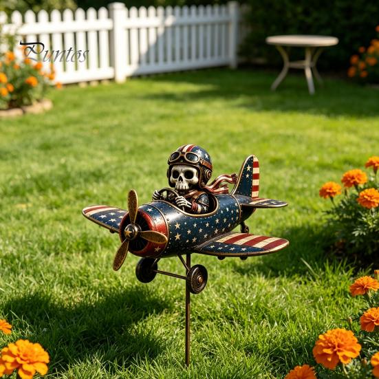Gift for Gardening Enthusiasts Metal Skeleton Pilot Airplane Wind Spinner with Ground Stake, Vintage American Flag Garden Style Accessory Yard Rustic