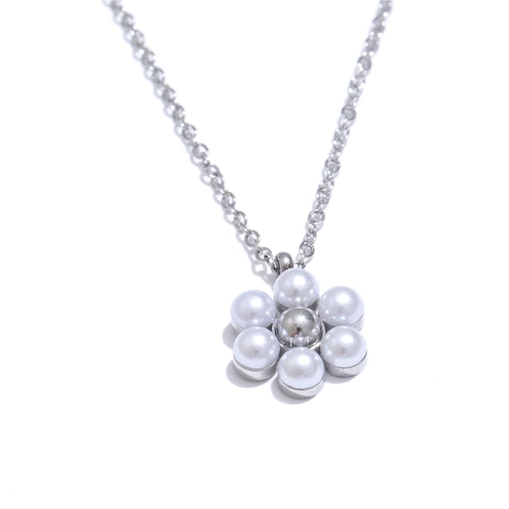 Yhpup Fashion Imitation Pearls Flower Pendant Necklace Ring for Women Chic Stainless Steel Daily Wear Jewelry Wholesale Women