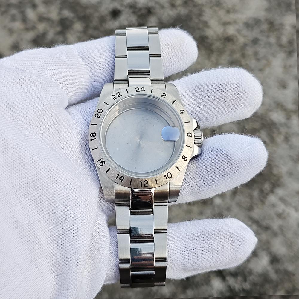 39mm EXP 24 Hour GMT Bezel Old Style Stainless Steel Waterproof Sapphire Glass Watch Case Strap Set for NH34 NH35 NH36 Movement