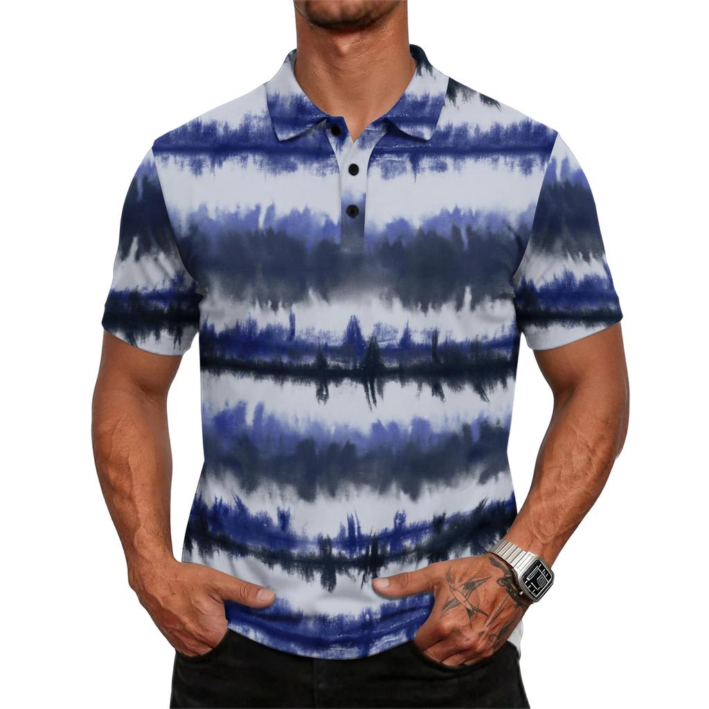 Men’s Short Sleeve Polo Shirt with Abstract Tie Dye Print Classic Button Down Collar Casual Fit Top Tee
