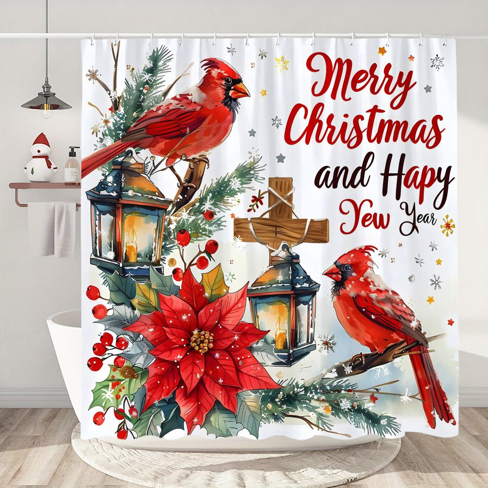 Snowman Christmas Shower Curtain Christmas Tree Gifts Red Bird Winter Snow Fabric Printed Bath Curtain Bathroom Decor With Hooks