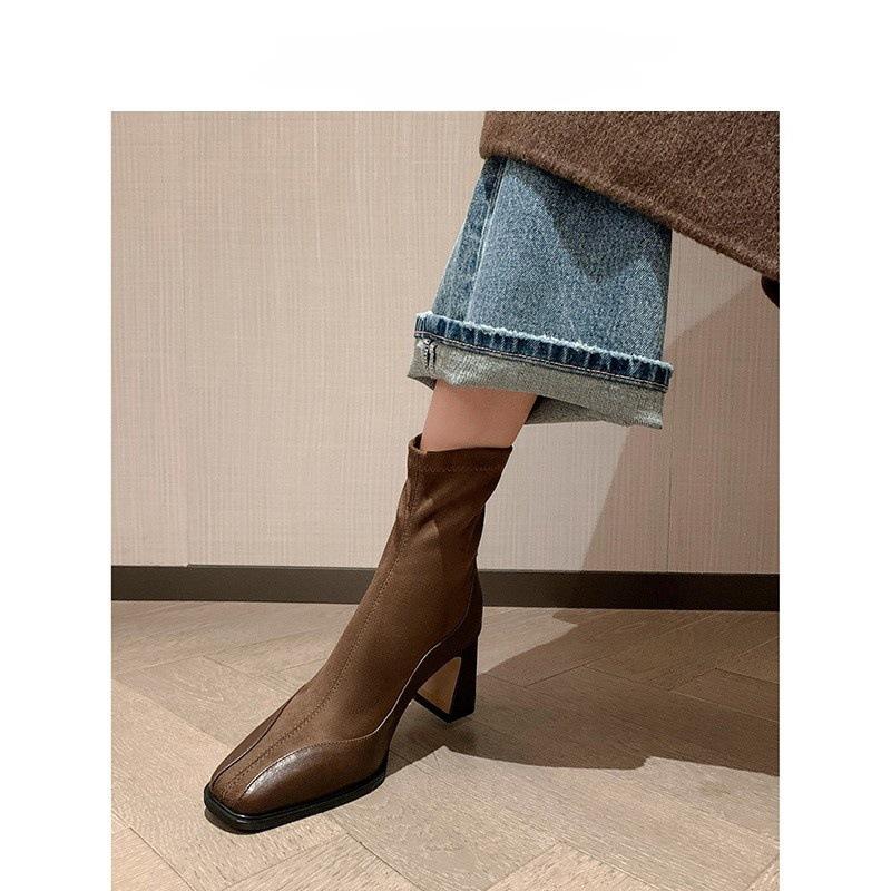 French Retro Thick Heel Short Boots Women'S Short Tube Autumn And Winter Splicing High Heel Square Head Elastic Thin Boots