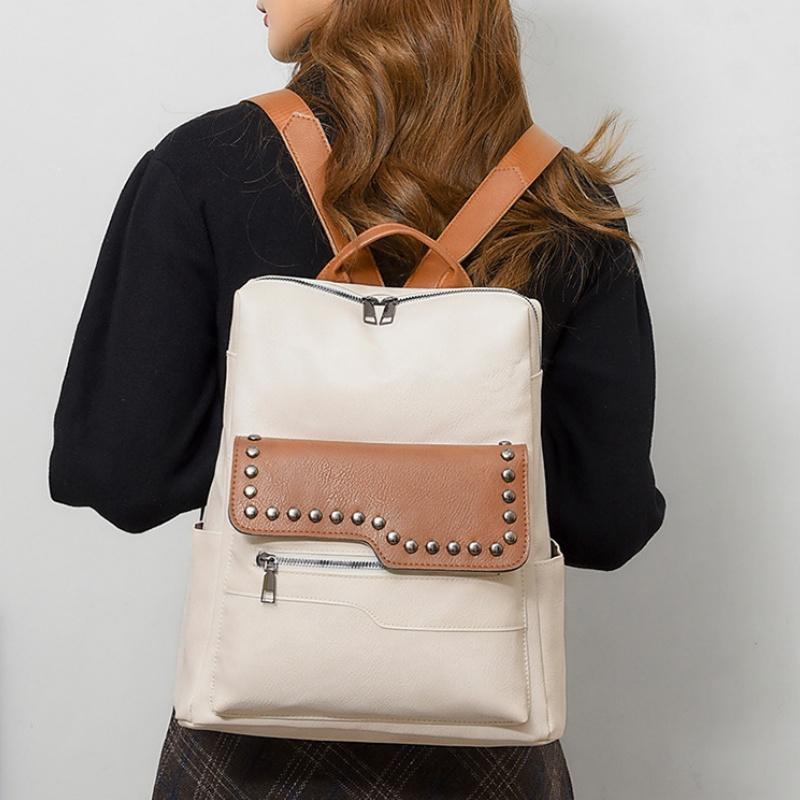 European and American Retro Versatile Women's Backpack High Quality Soft PU Leather College Student Rucksack Trendy Fashion Rivet Outdoor Travel Bag