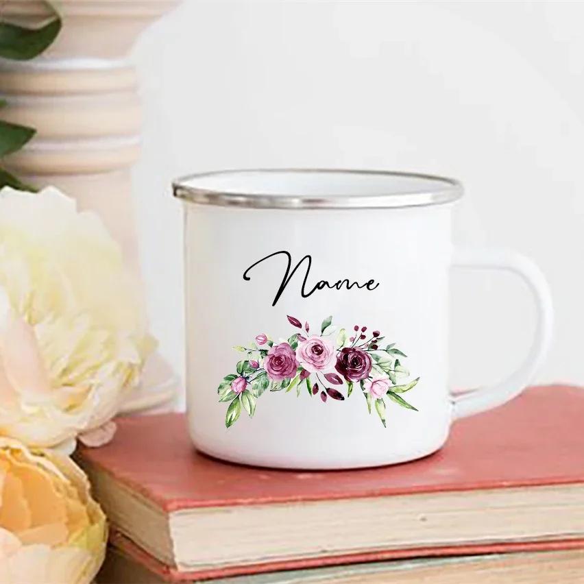 Personalized Flower Custom Name Enamel Mugs Summer Outdoor Coffee Juice Mug Picnic Camping Handle Cup Teacher Mother Friend Gift