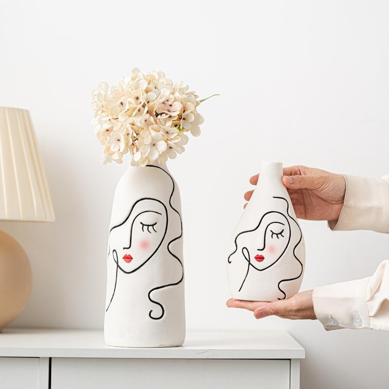 Nordic Hand-Painted Face Creative Plain-Fired Ceramic Vase Home Living Room Soft Decoration Flower Arrangement Ornament Gift