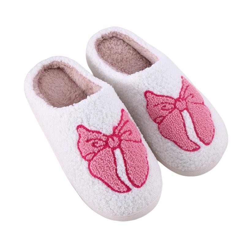 Women's Lovely Pretty Bow Flowers Slippers Men Cartoon Soft Warm Sandals Females Cute Plush  Flat Slides For Autumn Winter