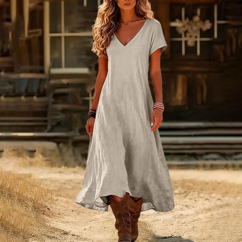 Fashion Women's Color V-neck Long Dress Loose