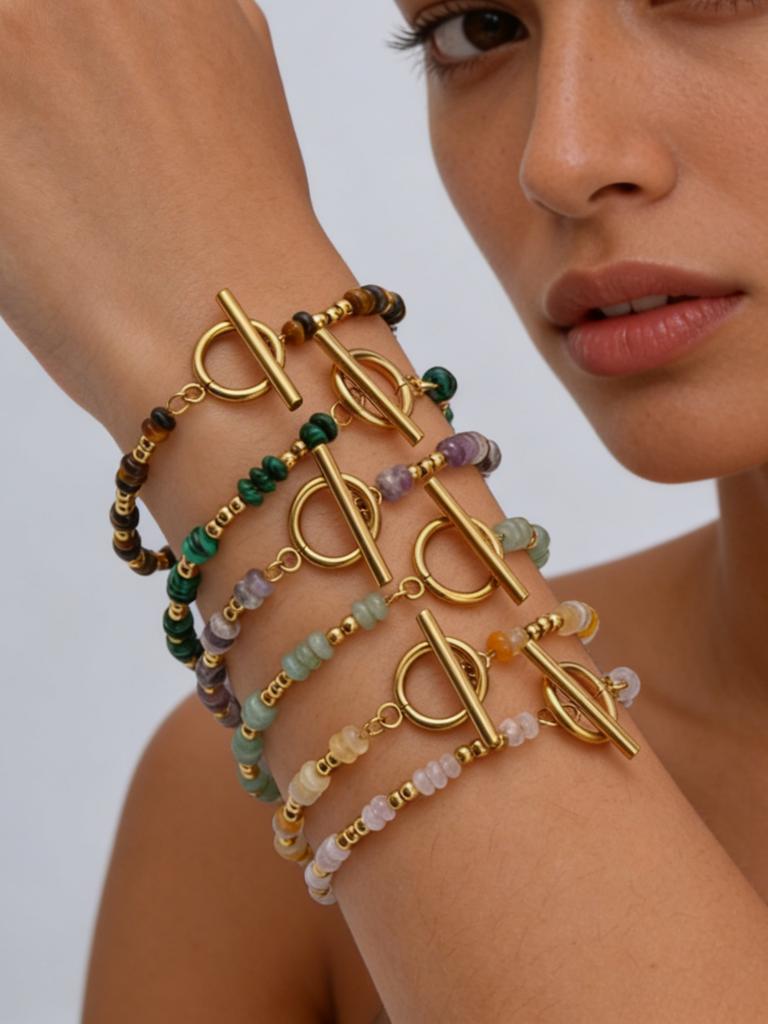 Dainty Boho Colorful Crystal Beads Bracelet for Women, Stainless Steel OT Buckle Natural Stone Bracelet, Exotic Handmade Jewelry