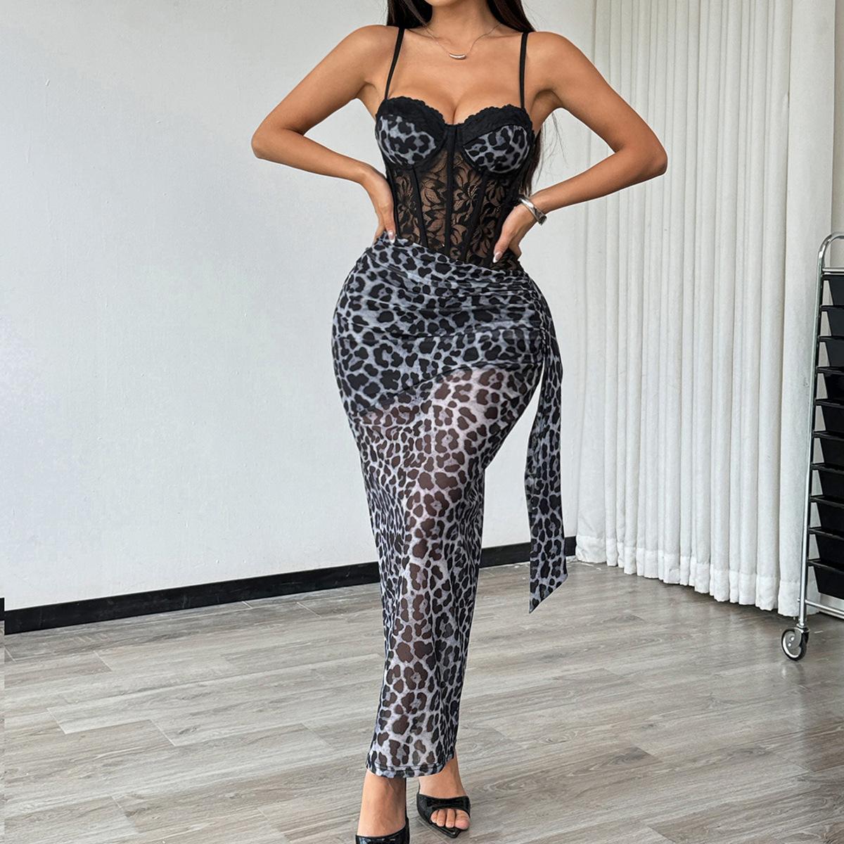 

Leopard Print Strapless Sexy Lace Slim-fitting Dress M