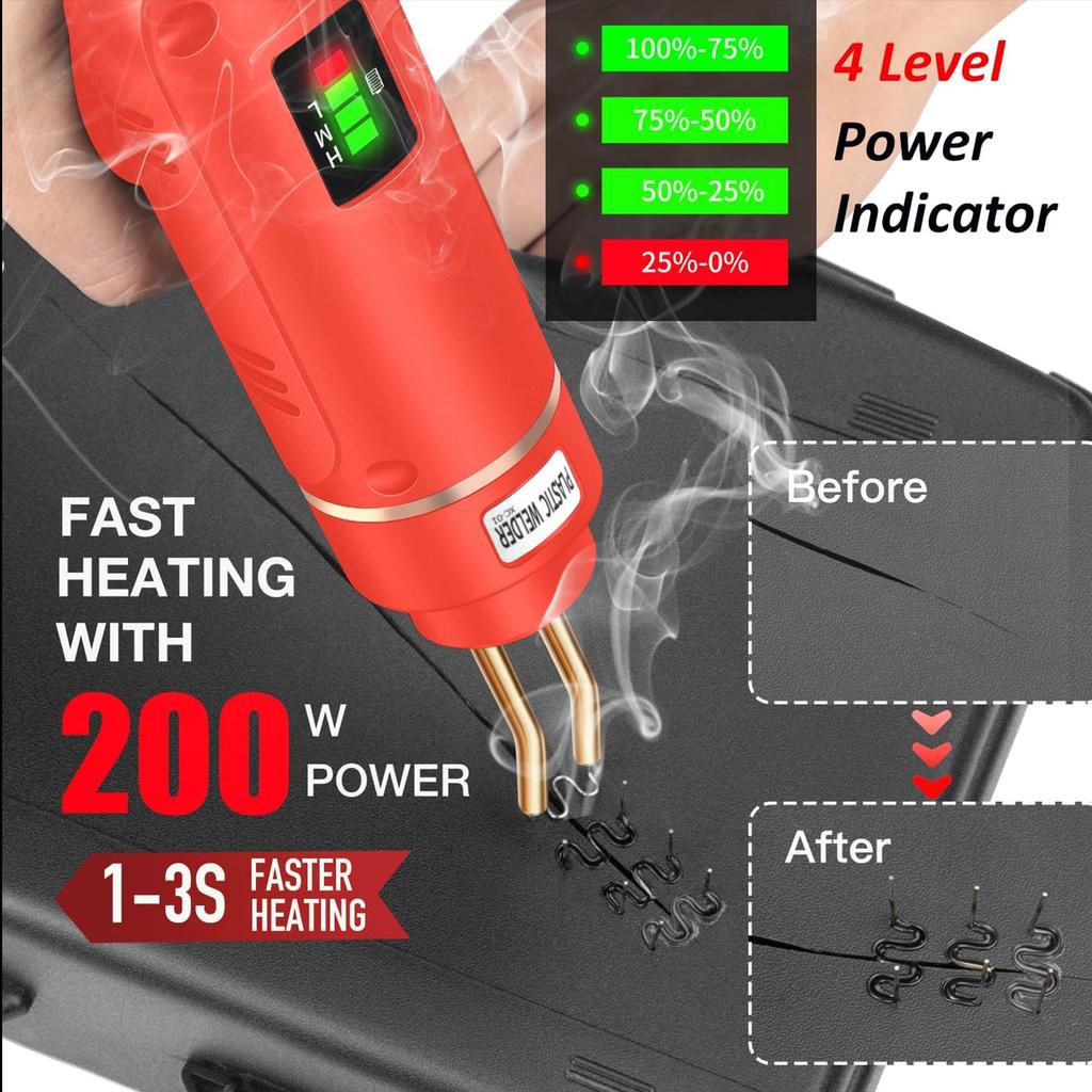 200W Cordless Plastic Welder Plastic Weld Kit with 4 Tpyes Hot Staples Plastic Welding Machine Tool 5.0Ah Rechargeable Battery