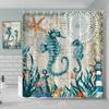 Nautical Green Sea Turtle Beach Theme Fabric Shower Curtain Set Bathroom Blue Ocean Decor with Grommets and Hooks