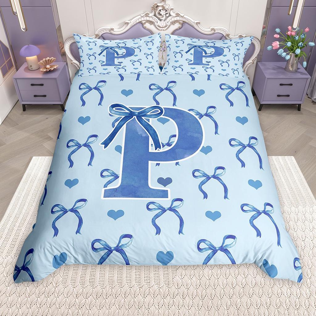 Homewish Girls Blue Bowknot Duvet Cover Set, Princess Style Bed Set, Monogrammed Bow Quilt Cover Set