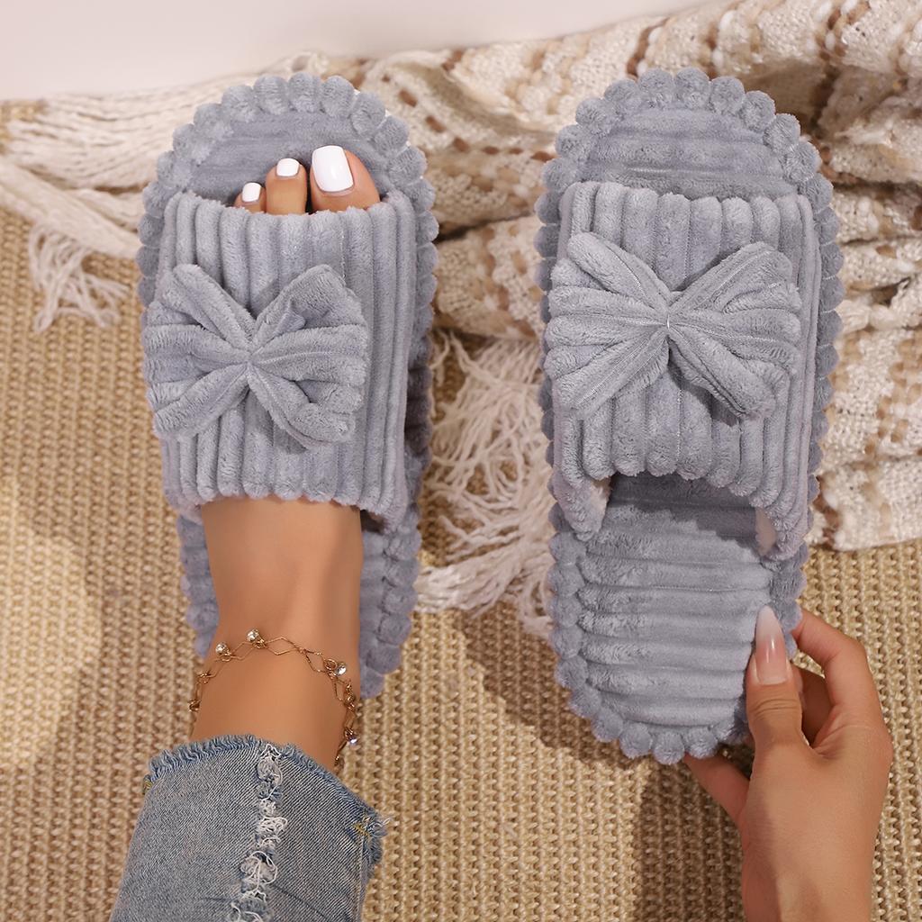 Warme Hausschuhe mit Schleifendekor, lässige Plüschschuhe mit offener Spitze, bequeme Hausschuhe