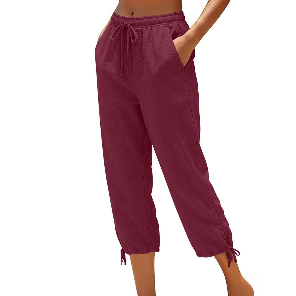Women Drawstring Waist Cropped Pants with Adjustable Hem and Side Pockets Loose Fit Lightweight Casual Trousers