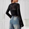 Spring Women's Elegant Black Sheer Wooden Ear Trim Spider Web T-Shirt
