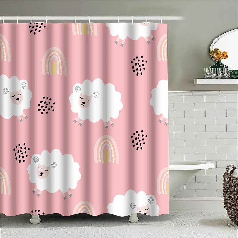 Bright Pink Sheep Rainbow Shower Curtain Decor For Bathroom Cute Cartoon Patterned Waterproof Fabric Bath Rug Set Home Bathroom