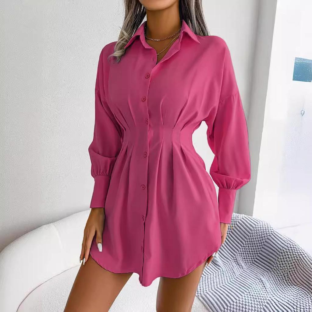 Women Casual Buttons Long Sleeve Shirt Dress Autumn Clothing White Blue Army Green