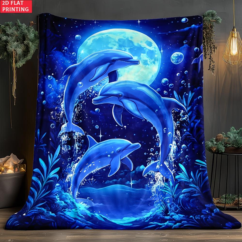 Manta de Delfín Escena de Luna Oceánica Manta Polar Decoración de Vida Marina Suave Cálida Todas las Estaciones Regalo para el Hogar