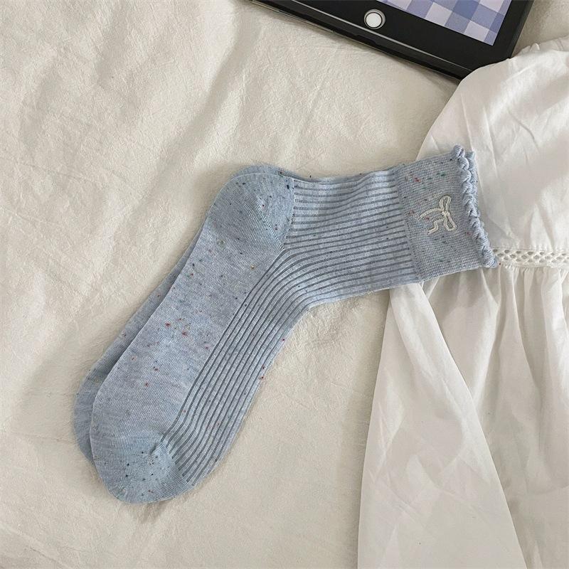 

Бесшовные носки с кружевом для женщин, махровые носки, бантик из точечной пряжи, тонкие короткие носки в балетном стиле для женщин 1 pair светло-синий