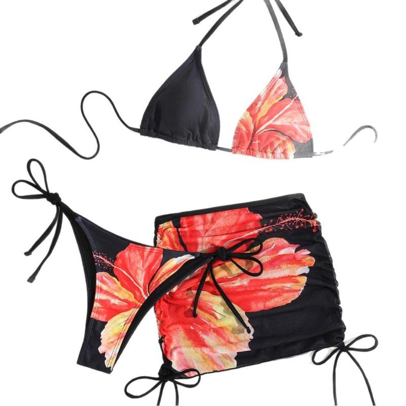 New printed lace-up mesh drawstring blouse sexy bikini three-piece swimsuit women