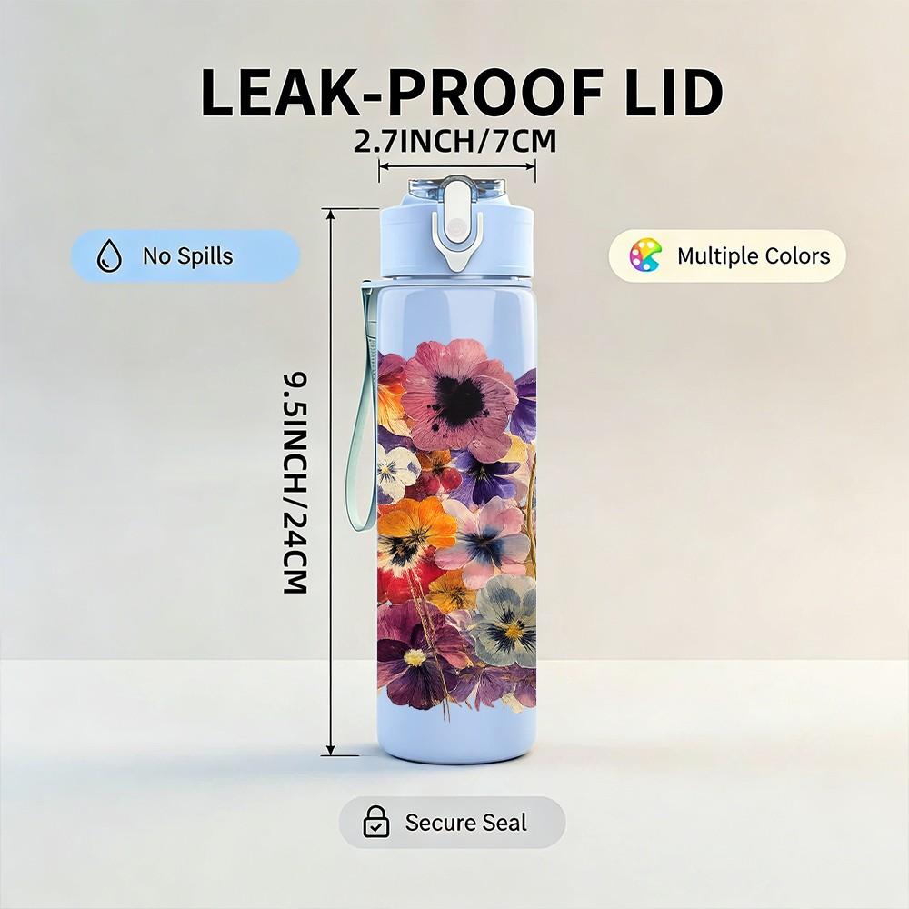 1PC Multicolor Mixed Wildflower Bouquet Print 750ml Color Plastic Sports Water Bottle Leakproof Flip Straw Lid Suitable for Sports Office Home Use