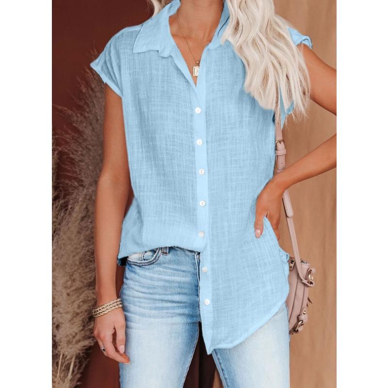 Women Cotton Shirts Vintage Solid Color Short Sleeve Button Harajuku Loose Blouses and Tops Casual Ladies Tunic Oversize T-Shirt