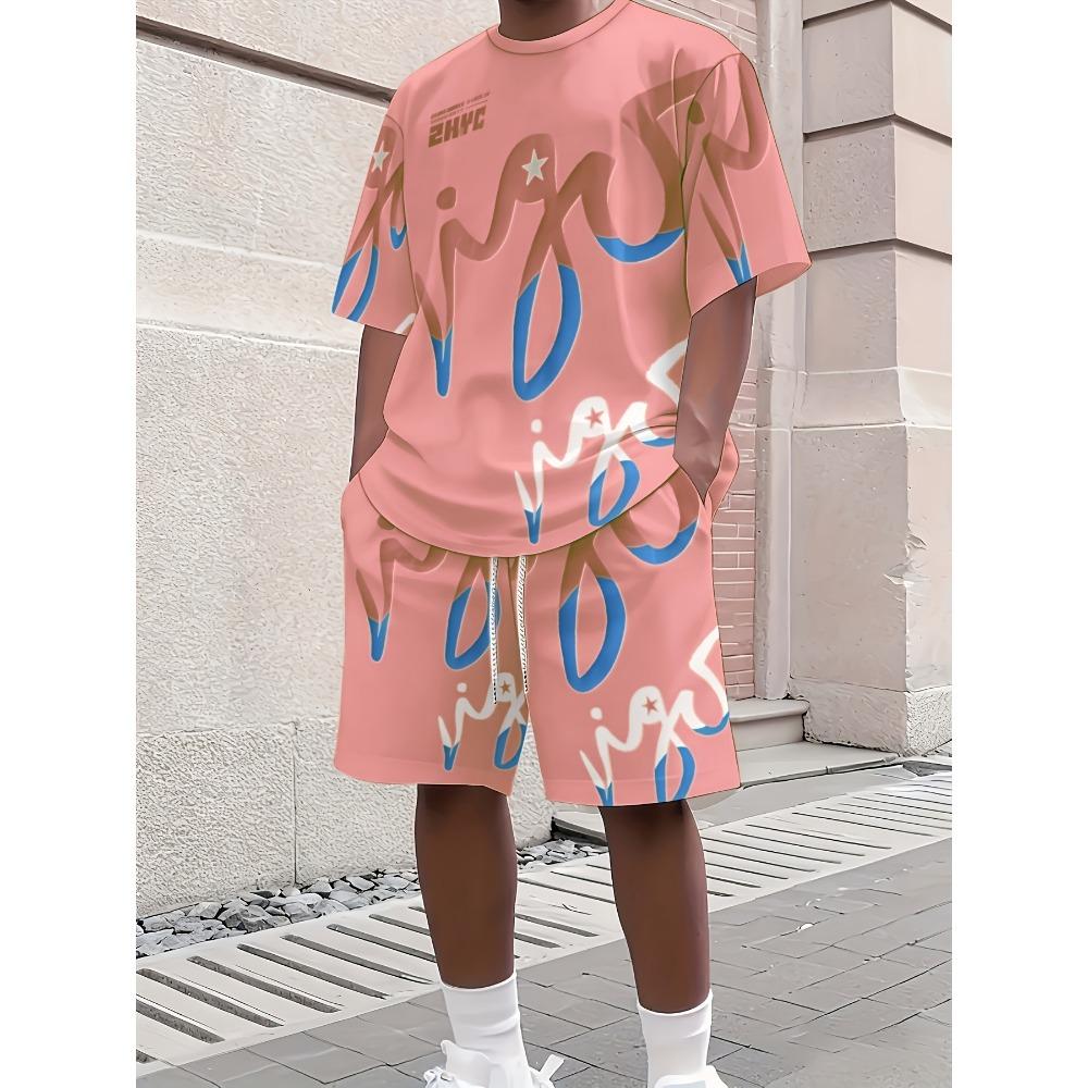 2026 Summer American Men's T-shirt Set for Outdoor Sports Fashion Casual Soft Breathable with 3D Graffiti Pattern Print