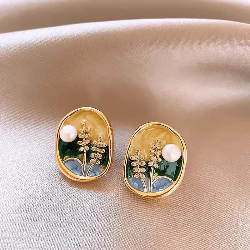 

Сережки-пусети Monet Garden з перлами у формі квітки, інкрустовані діамантами - Вінтажні, Розкішні з срібною голкою високого класу для жінок